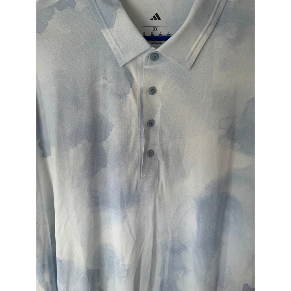 Adidas Mens 2XL Blue White Watercolor Cloud Print Golf‎ Polo Shirt NWT
